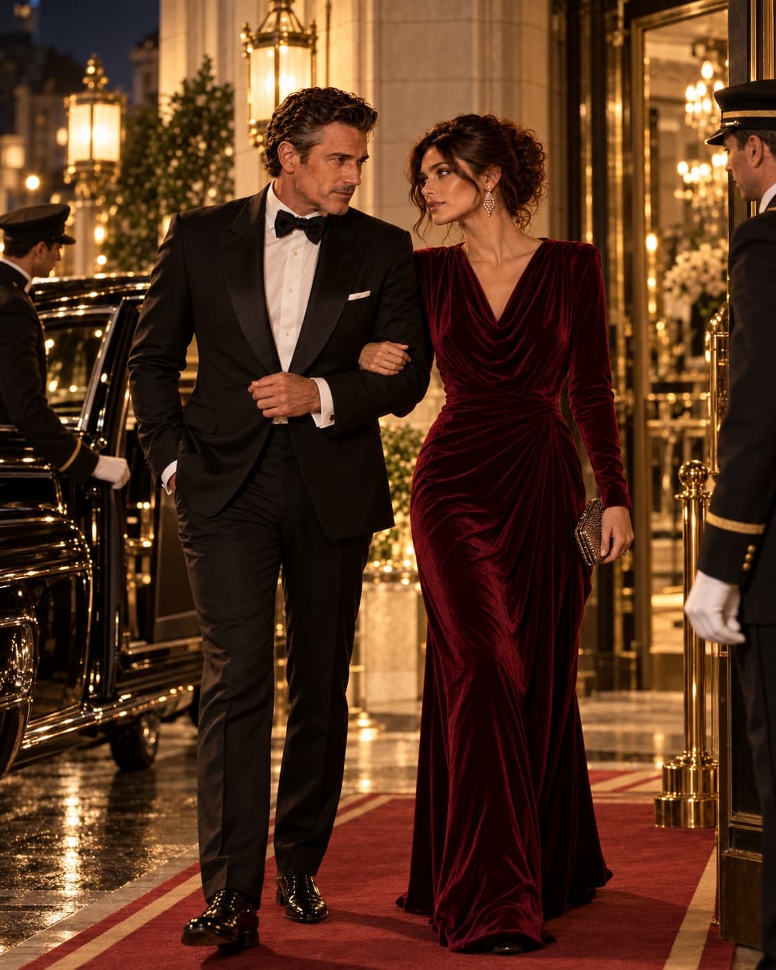 Casal adulto chegando a uma entrada iluminada, lado a lado, em traje de noite.